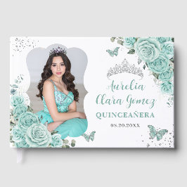 Turquoise Groene Rozen Bloemige QUINCEAÑERA 16 Fot Gastenboek