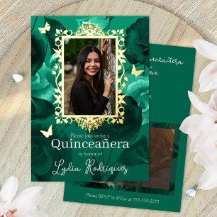 Turquoise Groene Rozen, Gouden Vlinders Quinceaner Folie Uitnodiging