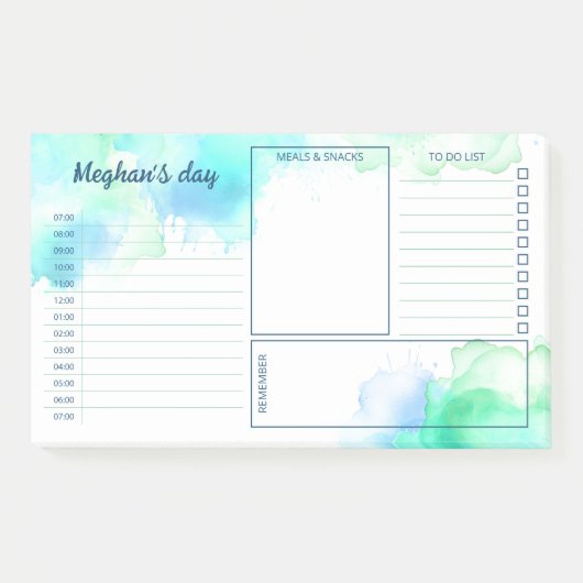 Turquoise Groene Waterverf Vlekken Dagelijkse Plan Post-it® Notes (Voorkant)