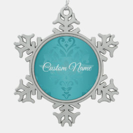 Turquoise  Grunge Damask Print Tin Sneeuwvlok Ornament