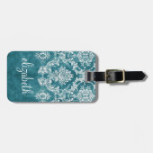 Turquoise Grungy Damast Patroon Aangepaste Tekst Bagagelabel (Voorkant horizontaal)