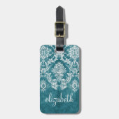 Turquoise Grungy Damast Patroon Aangepaste Tekst Bagagelabel (Voorkant verticaal)