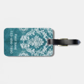 Turquoise Grungy Damast Patroon Aangepaste Tekst Bagagelabel (Achterkant horizontaal)