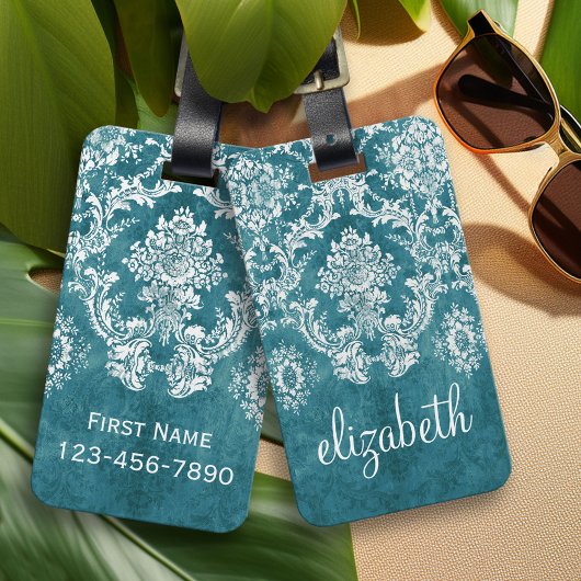 Turquoise Grungy Damast Patroon Aangepaste Tekst Bagagelabel