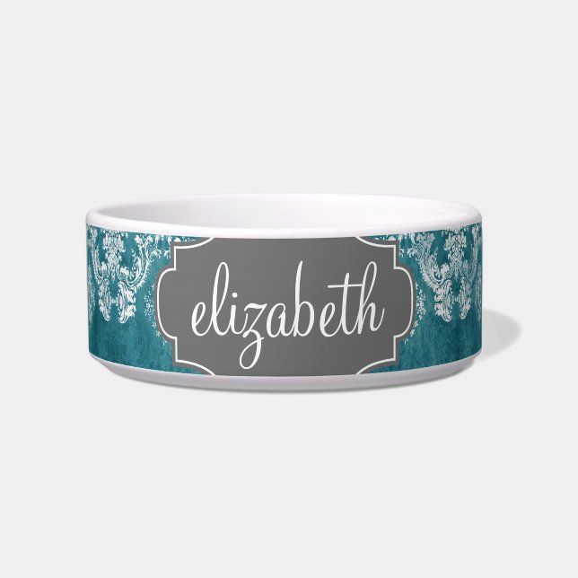 Turquoise Grungy Damast Patroon Aangepaste Tekst Voerbakje (Voorkant)