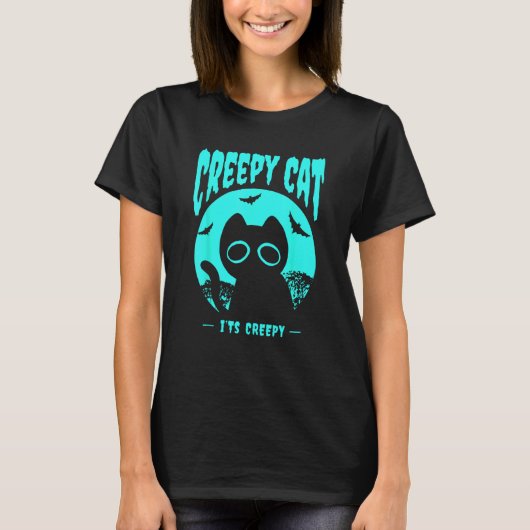 Turquoise Halloween Motief Kat Vleermuizen T-shirt (Voorkant)