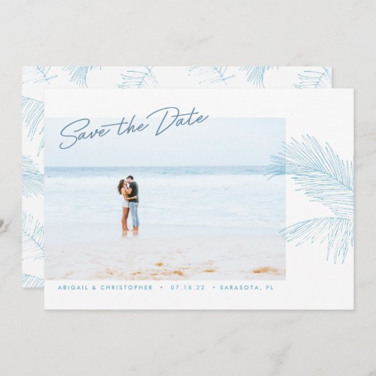 Turquoise Hand Drawn Palm Leaves Tropical Beach Save The Date (Voorkant / Achterkant)