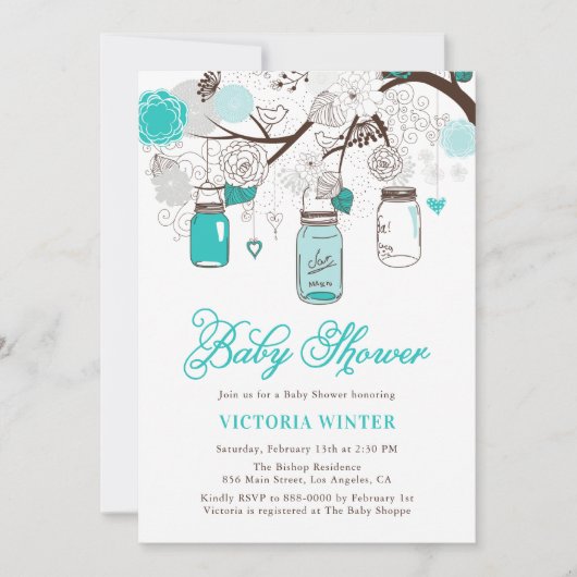 Turquoise Hanging Mason Jars Floral Baby shower Kaart (Voorkant)