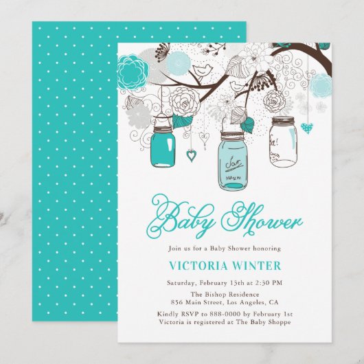 Turquoise Hanging Mason Jars Floral Baby shower Kaart (Voorkant / Achterkant)