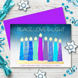 Turquoise Hanukkah-kaarsen Vrede Liefde Echt Goud Folie Feestdagenkaart