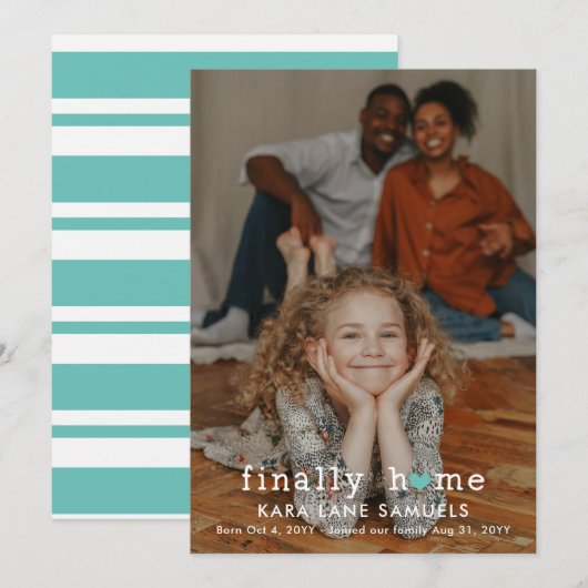 Turquoise Hart Eindelijk Thuis Adoptieaankondiging Aankondiging (Voorkant / Achterkant)