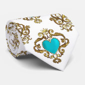Turquoise Hart En Gouden Draaikolk Stropdas (Opgerold)