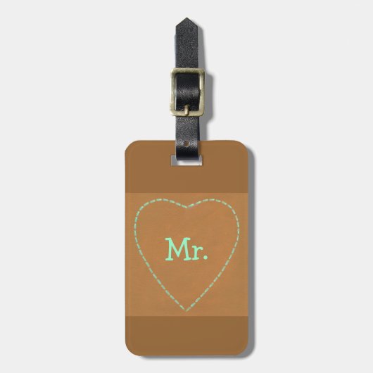Turquoise Hart op Bruine Mr. Bagage Labels (Voorkant verticaal)