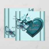 Turquoise Hart Vlinder Turquoise Feest Kaart (Voorkant / Achterkant)