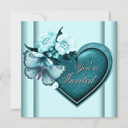 Turquoise Hart Vlinder Turquoise Feest Kaart (Voorkant)