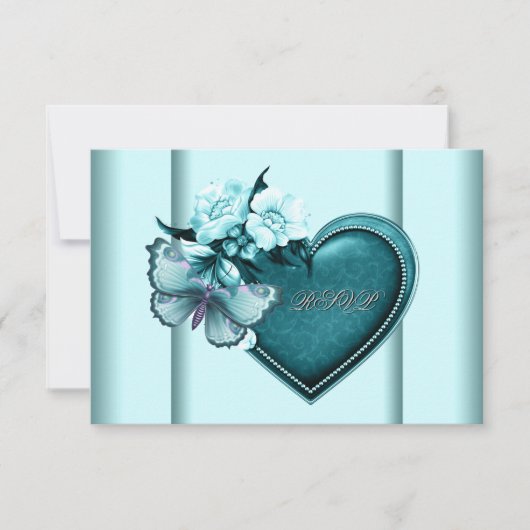 Turquoise Hart Vlinder Turquoise RSVP Kaartje (Voorkant)