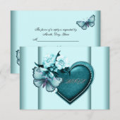 Turquoise Hart Vlinder Turquoise RSVP Kaartje (Voorkant / Achterkant)