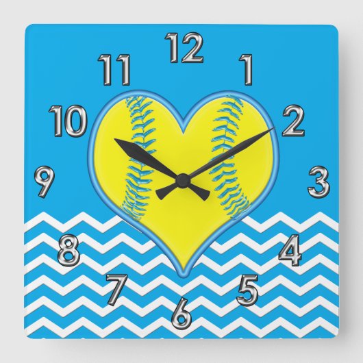 Turquoise Heart Shape Softball Clock of UW KLEUR Vierkante Klok (Voorkant)