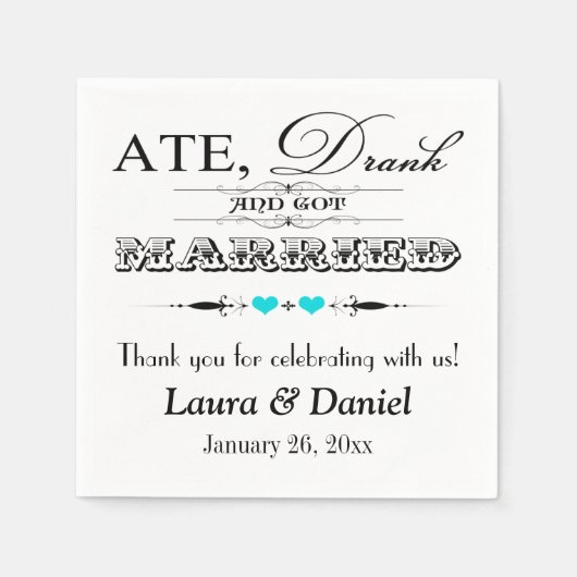 Turquoise Hearts, Scrolls Wedding Napkins Servetten (Voorkant)