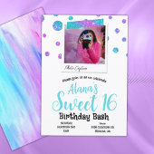 Turquoise, Heet Roze Glitter Polka Dots Sweet 16 Kaart