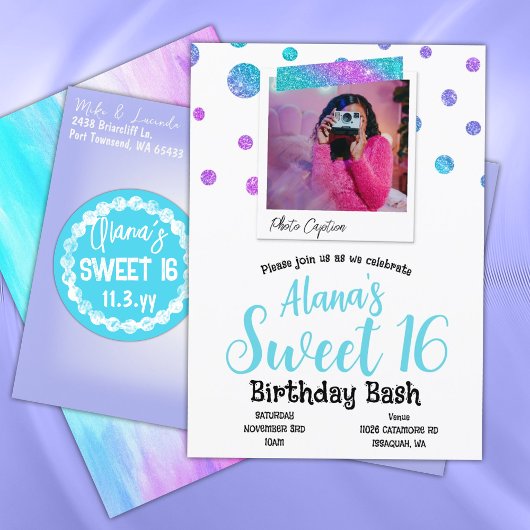 Turquoise, Heet Roze Glitter Polka Dots Sweet 16 Kaart
