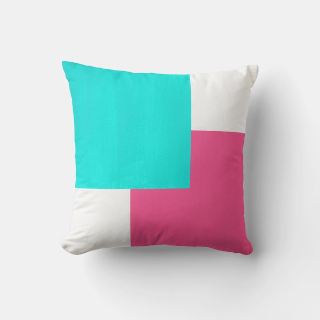 Turquoise Heet Roze Wit Kleurenblok Kussen (Voorkant)