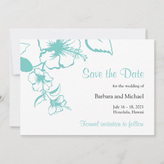 Turquoise Hibiscus Bloem Bestemming Huwelijk Save The Date (Voorkant)