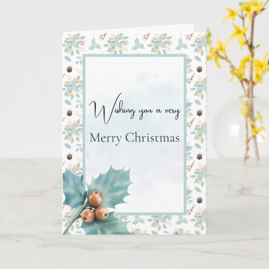 Turquoise Holly en bessen Kerstmis Kaart (Gele Bloem)