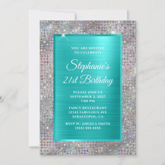 Turquoise Holo Diamond Studded Folie 21st Birthday Kaart (Voorkant)