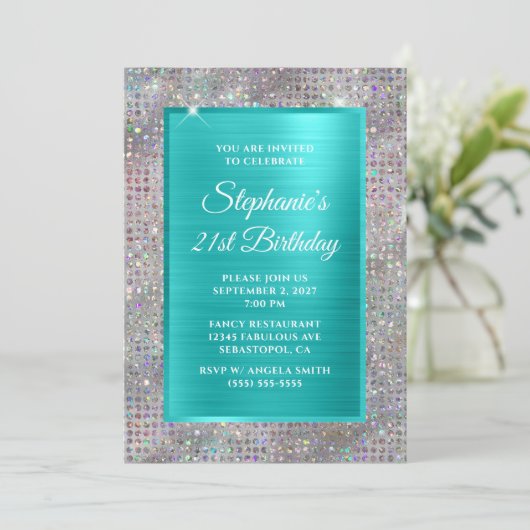 Turquoise Holo Diamond Studded Folie 21st Birthday Kaart (Staand voorkant)
