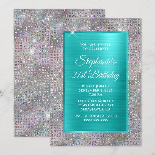 Turquoise Holo Diamond Studded Folie 21st Birthday Kaart (Voorkant / Achterkant)