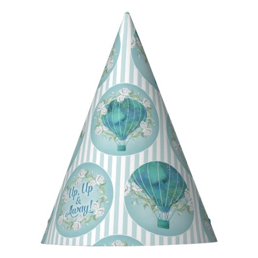 Turquoise Hot Air ballon - Aqua White Stripes Feesthoedjes (Voorkant)