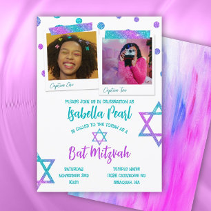 Turquoise, Hot Pink Glitter Polka Dots Bat Mitzvah Kaart