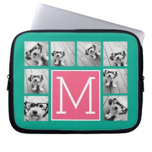 Turquoise & Hot Pink Instagram 8 Foto Collage Mono Laptop Sleeve