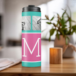 Turquoise & Hot Pink Instagram 8 Foto Collage Mono Thermosbeker