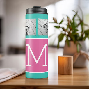 Turquoise & Hot Pink Instagram 8 Foto Collage Mono Thermosbeker