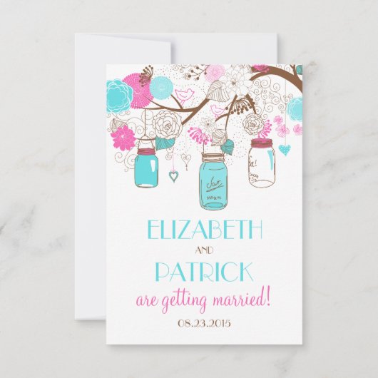 Turquoise & Hot Pink Mason Jars Wedding RSVP Kaart (Achterkant)