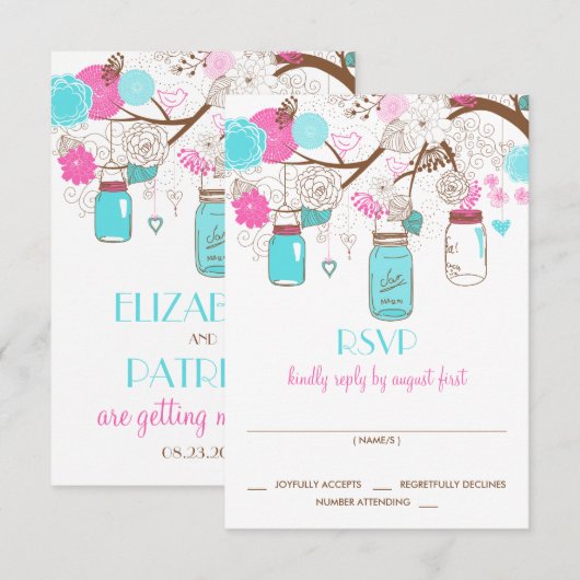 Turquoise & Hot Pink Mason Jars Wedding RSVP Kaart (Voorkant / Achterkant)