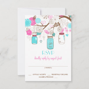 Turquoise & Hot Pink Mason Jars Wedding RSVP Kaart