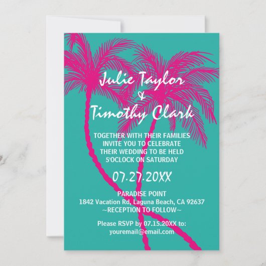 Turquoise Hot Pink Palm Tree Huwelijksuitnodiginge Kaart (Voorkant)