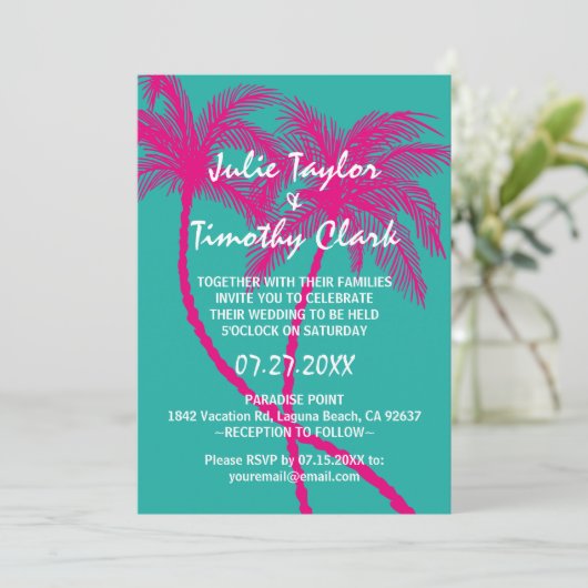 Turquoise Hot Pink Palm Tree Huwelijksuitnodiginge Kaart (Staand voorkant)