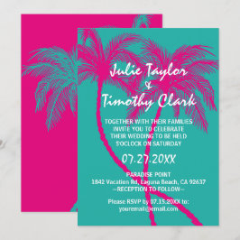 Turquoise Hot Pink Palm Tree Huwelijksuitnodiginge Kaart
