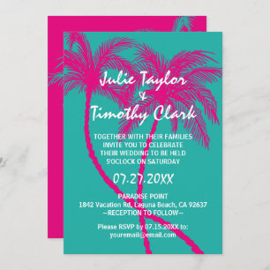 Turquoise Hot Pink Palm Tree Wedding Invitations Kaart