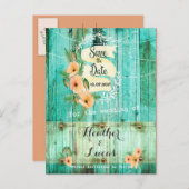 Turquoise hout en perzik papavers redden de data aankondigingskaart (Voorkant / Achterkant)