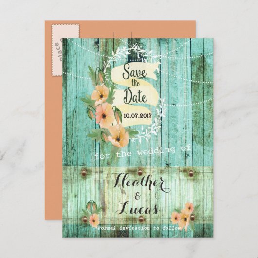 Turquoise hout en perzik papavers redden de data aankondigingskaart (Voorkant / Achterkant)