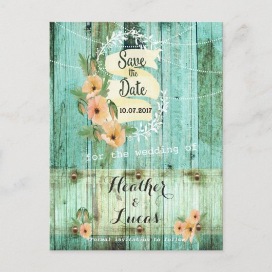 Turquoise hout en perzik papavers redden de data aankondigingskaart (Voorkant)