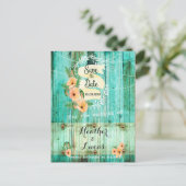 Turquoise hout en perzik papavers redden de data aankondigingskaart (Staand voorkant)