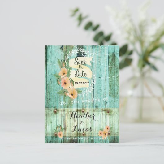 Turquoise hout en perzik papavers redden de data aankondigingskaart (Staand voorkant)