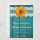 Turquoise houten kant Zonnebloem bruiloft uitnodig Kaart (Voorkant)