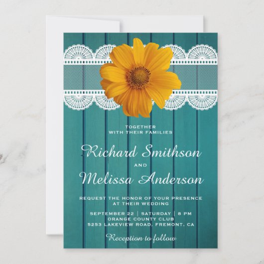 Turquoise houten kant Zonnebloem bruiloft uitnodig Kaart (Voorkant)